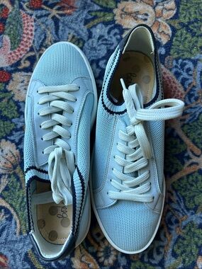 Boden Light Blue Knit Lace-Up Sneakers with Navy Trim